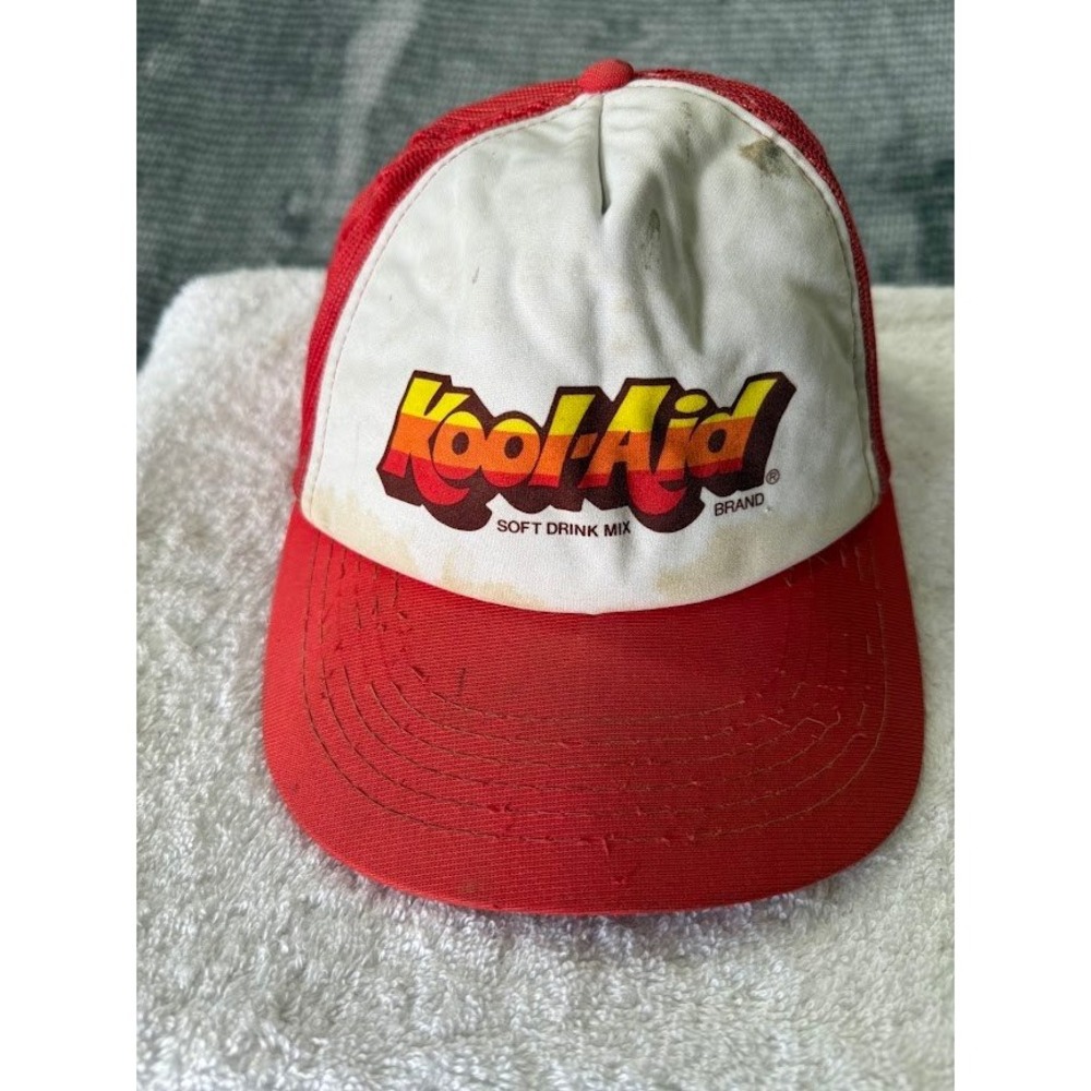 Vintage Kool-Aid Trucker Hat Red White Mesh Snapback Retro Soft Drink‎ Mix 80s.